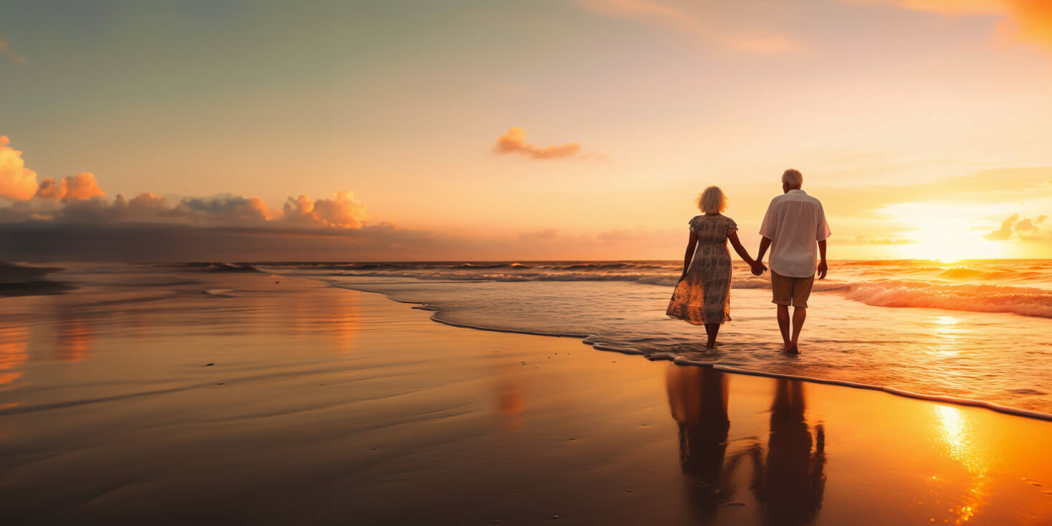 Senior couple walking along a beach in the sunset. Concept of retirement, mature love and travel. Shallow field of view with copy space.
