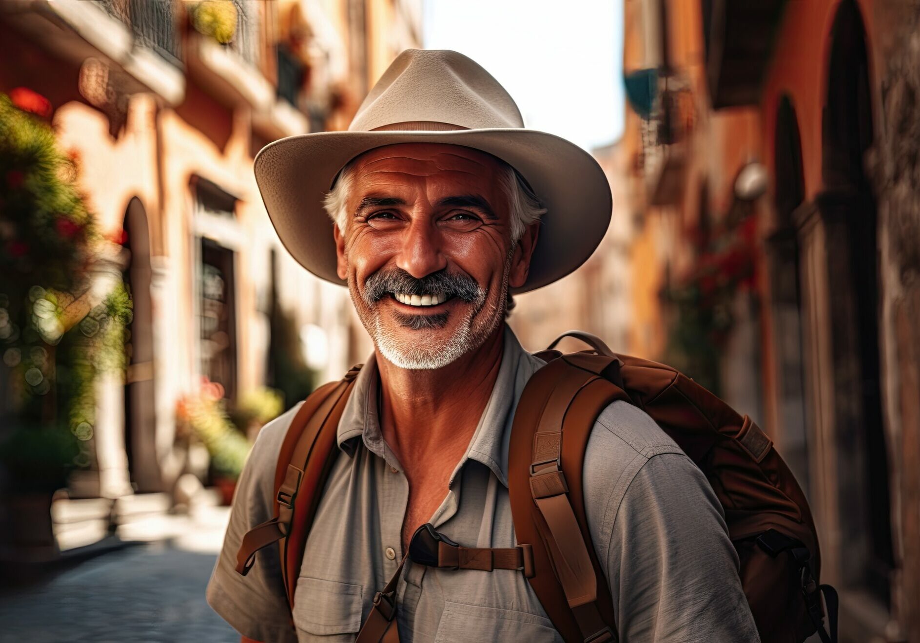 Joyful senior traveler with a backpack on a city street. Portrait of a mature adventurer smiling while exploring a charming old town. --ar 3:2 --v 5.2 Job ID: 5cc5d2bb-3274-449e-b8b5-fa5836f43e5e