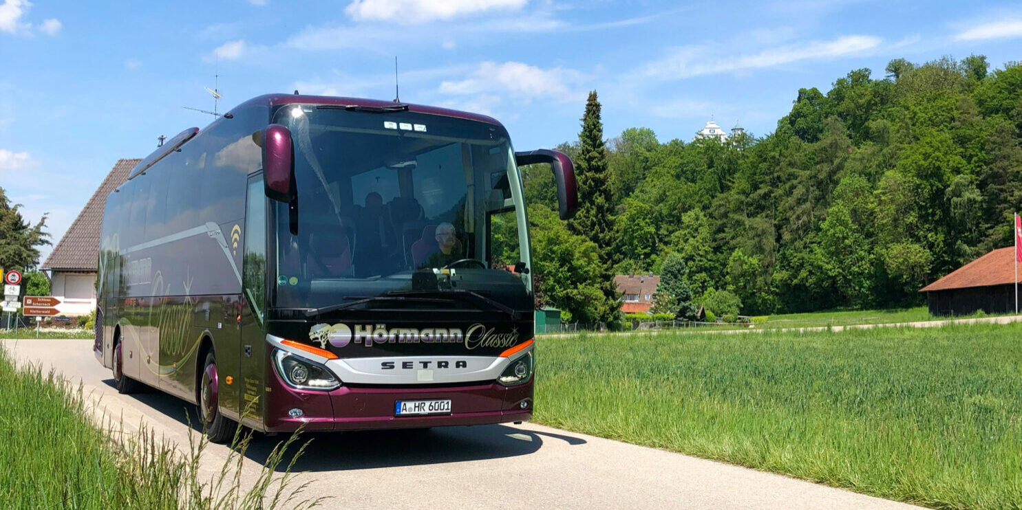 Hörmann Reisen VIP-LUXUSLINER, seitlich aufgenommen, vor ländlichem Hintergrund.