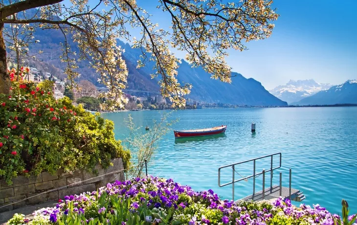 Blumen, Berge und Genfer See in Montreux, Schweiz