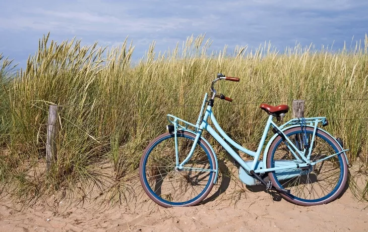 blaues Fahrrad abgestellt in den niederlndischen Dnen