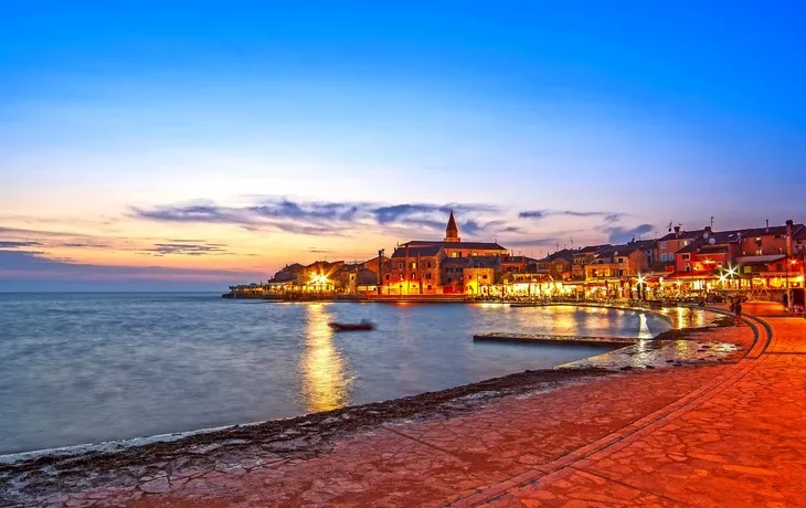 Umag town, on Istria peninsula, Adriatic Sea, in Croatia at dusk