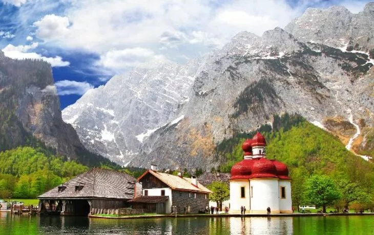 beautiful Alpen scenery -crystal lake Konigsee  with small chuch