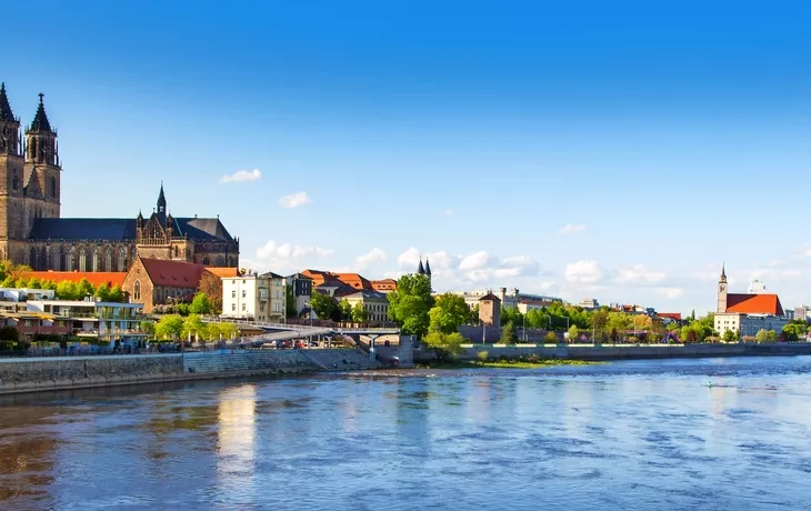 Magdeburg an der Elbe mit Dom, Elbterassen und Johanniskirche im Frühling