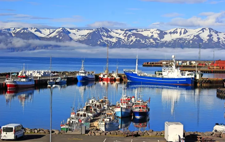 Der malerische Hafen von Akureyri (Island) mit schneebedeckten Bergen im Hintergrund