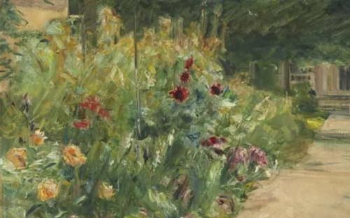 Max Liebermann, Blumenstauden am Gärtnerhäuschen nach Osten, 1923, Öl auf Leinwand,