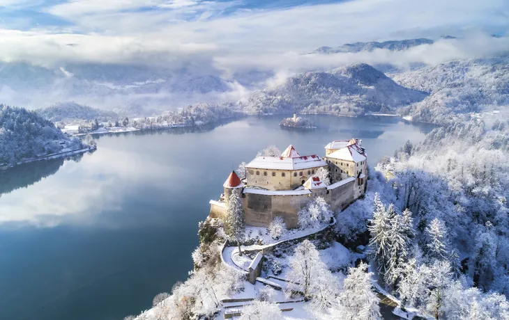 See von Bled mit Burg im Winter