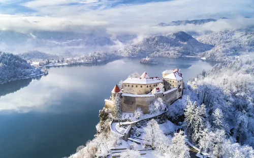 See von Bled mit Burg im Winter