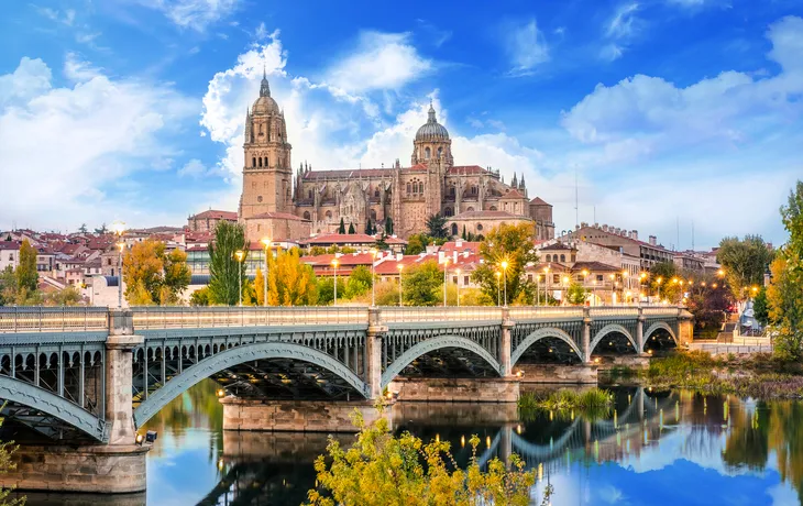 Kathedrale von Salamanca und Brücke über den Fluss Tormes