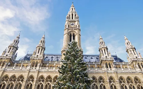 Historisches Gebäude mit Turm und schneebedecktem Weihnachtsbaum davor.