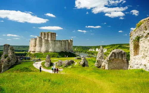 Ruine einer Burg auf einem Hügel bei sonnigem Wetter mit grünem Gras und blauem Himmel.