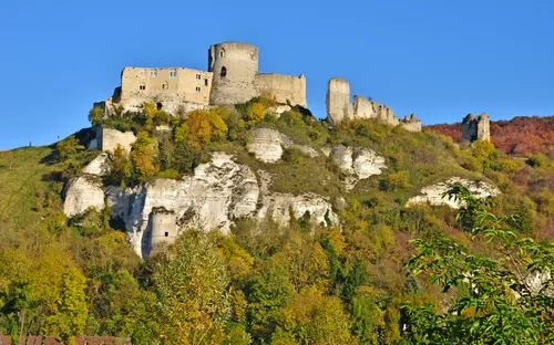 Eine alte Burgruine auf einem Hügel, umgeben von Bäumen und herbstlichem Laub.