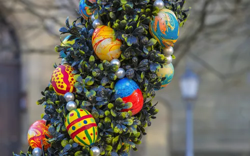 Bunte Ostereier an einem mit Efeu umwickelten Zweig.
