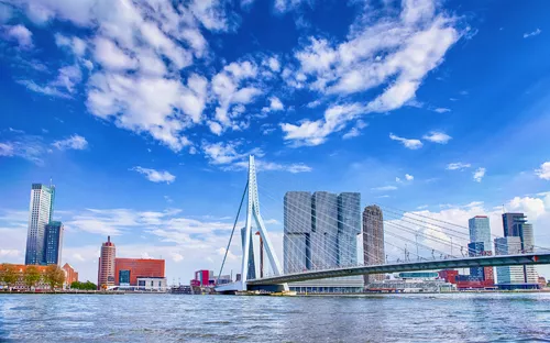 Skyline von Rotterdam mit Erasmusbrücke über den Fluss, unter blauem Himmel.