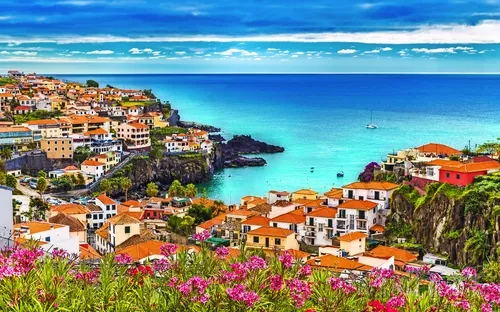 Küstenstadt mit bunten Häusern am Meer, vorne blühende Blumen, blauer Himmel.