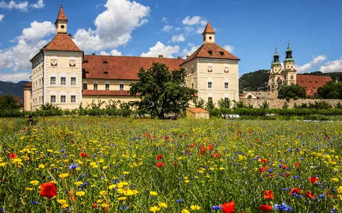 Schloss mit roten Dächern vor einer Wiese mit Wildblumen und blauem Himmel.