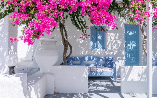 Ein weißes Gebäude in Oia, Santorin, mit blauen Fensterläden und Bougainvillea im Vordergrund.